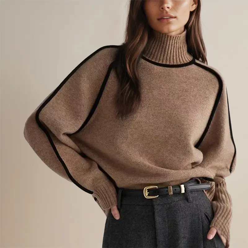 Women turtleneck sweater with contrasting stripes long sleeve relaxed fit