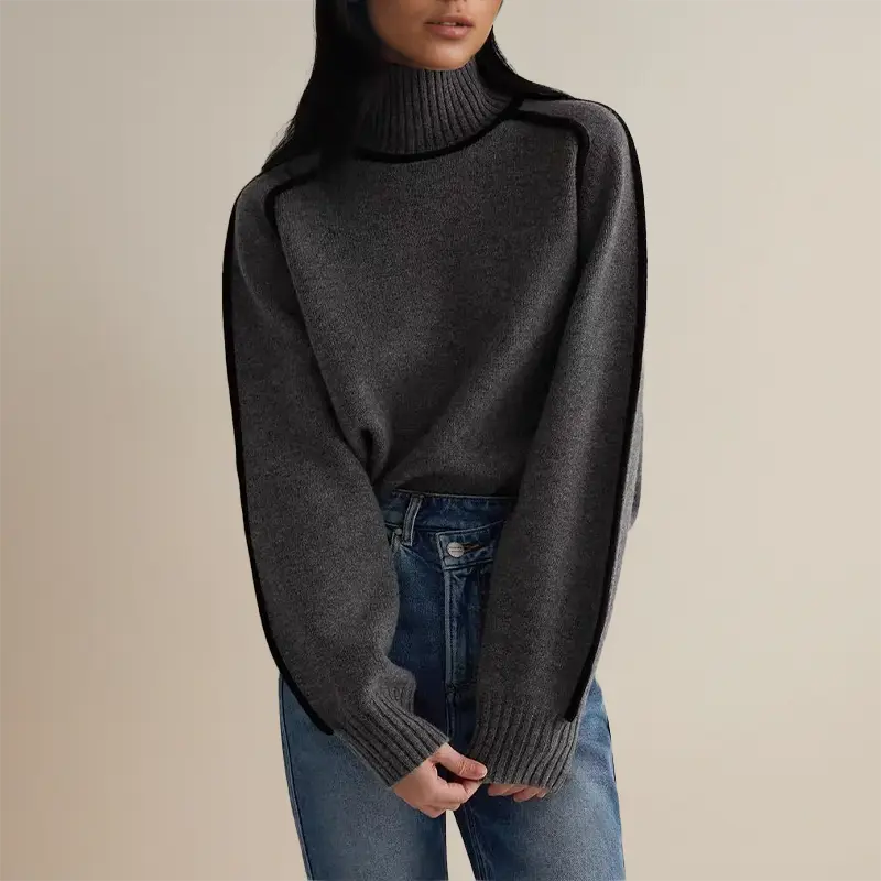 Women turtleneck sweater with contrasting stripes long sleeve relaxed fit