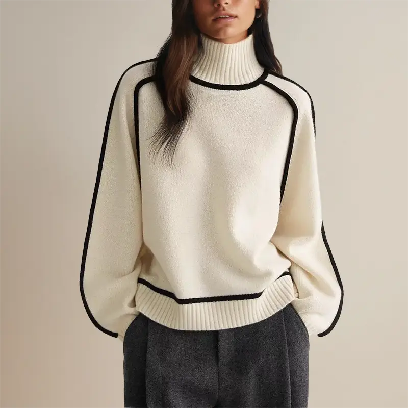 Women turtleneck sweater with contrasting stripes long sleeve relaxed fit