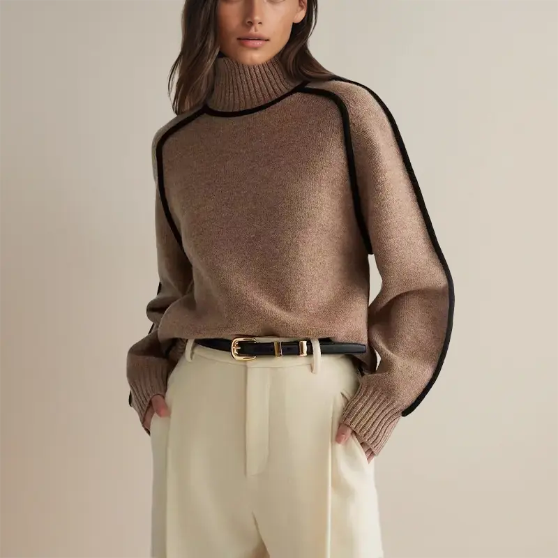 Women turtleneck sweater with contrasting stripes long sleeve relaxed fit