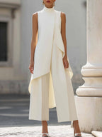 Women's two-piece set asymmetric high-neck top and wide-leg pants, business elegant