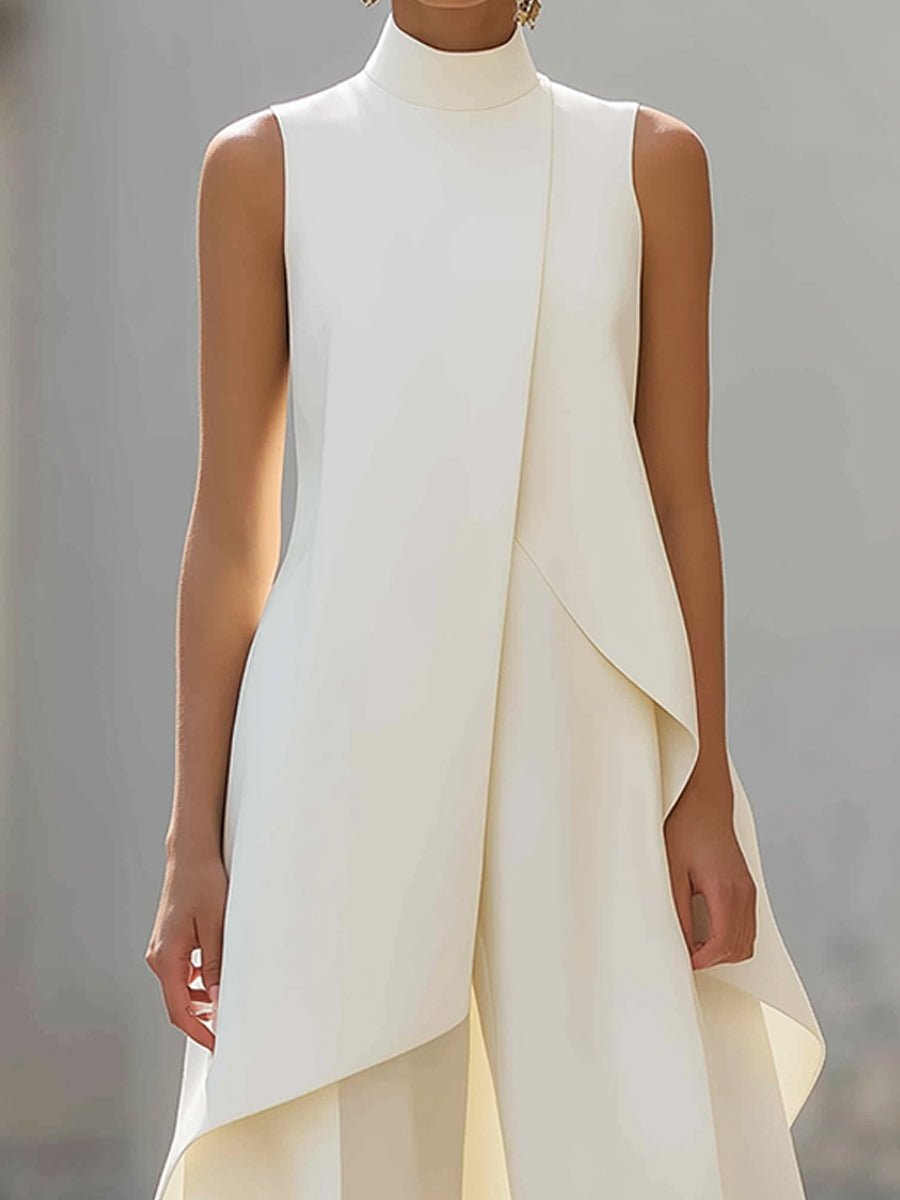 Women's two-piece set asymmetric high-neck top and wide-leg pants, business elegant