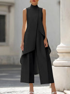 Women's two-piece set asymmetric high-neck top and wide-leg pants, business elegant