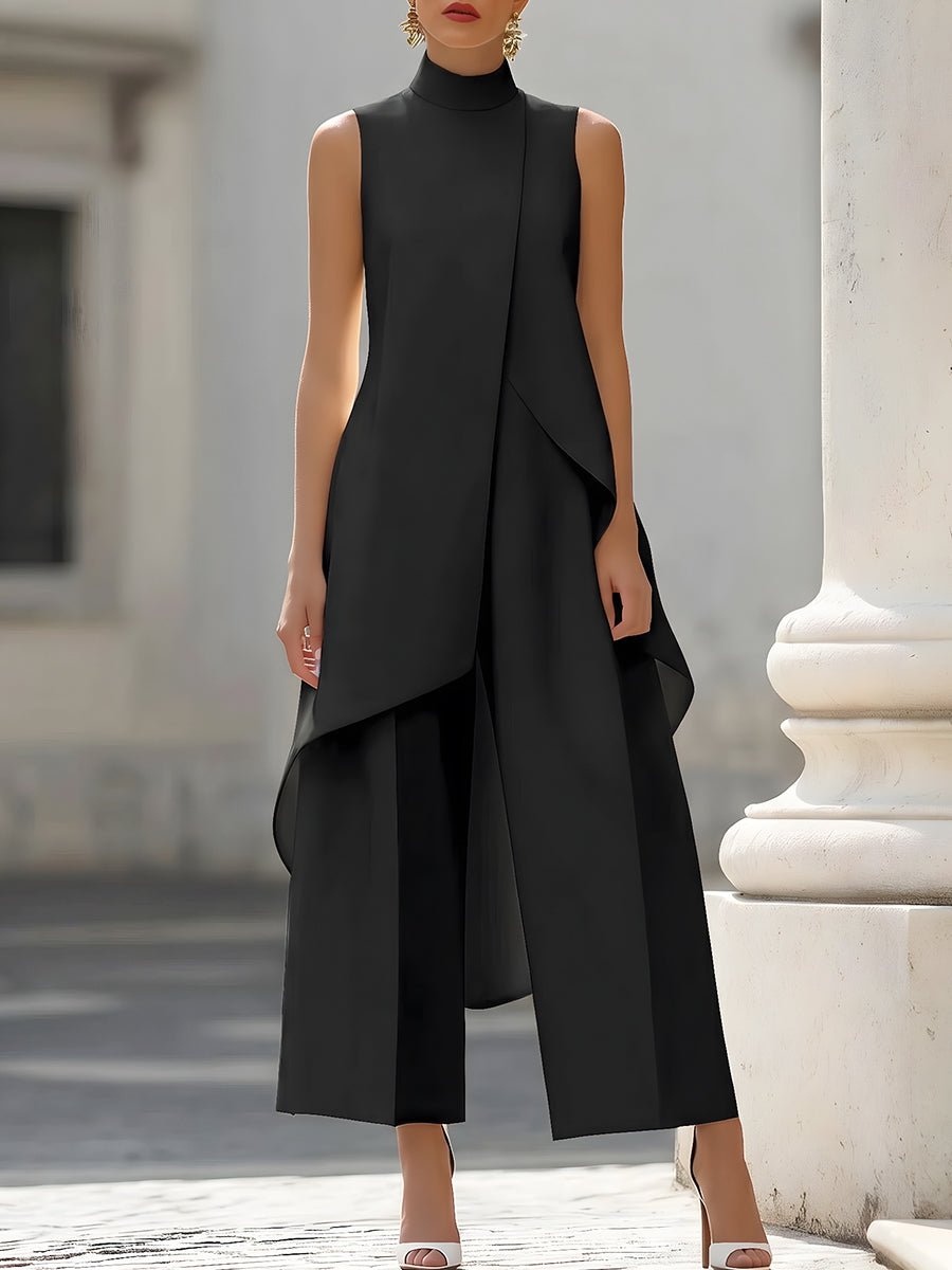 Women's two-piece set asymmetric high-neck top and wide-leg pants, business elegant