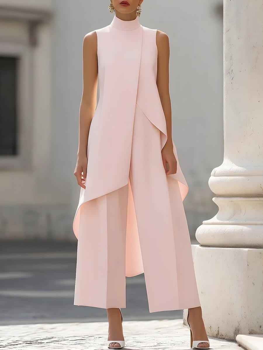 Women's two-piece set asymmetric high-neck top and wide-leg pants, business elegant