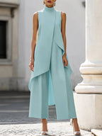 Women's two-piece set asymmetric high-neck top and wide-leg pants, business elegant
