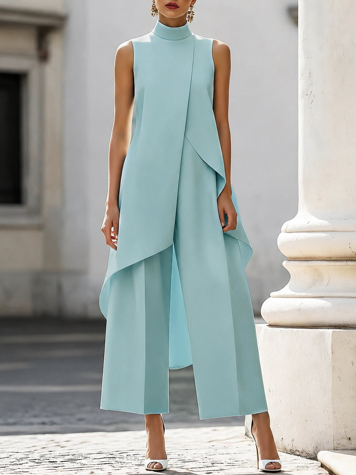 Women's two-piece set asymmetric high-neck top and wide-leg pants, business elegant