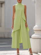 Women's two-piece set asymmetric high-neck top and wide-leg pants, business elegant