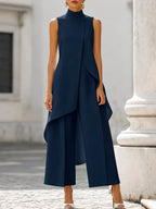 Women's two-piece set asymmetric high-neck top and wide-leg pants, business elegant
