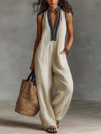 Women's sleeveless linen jumpsuit with stand collar and embroidery, floor-length relaxed fit