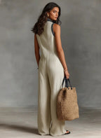 Women's sleeveless linen jumpsuit with stand collar and embroidery, floor-length relaxed fit