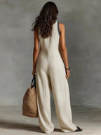Women's sleeveless linen jumpsuit with stand collar and embroidery, floor-length relaxed fit