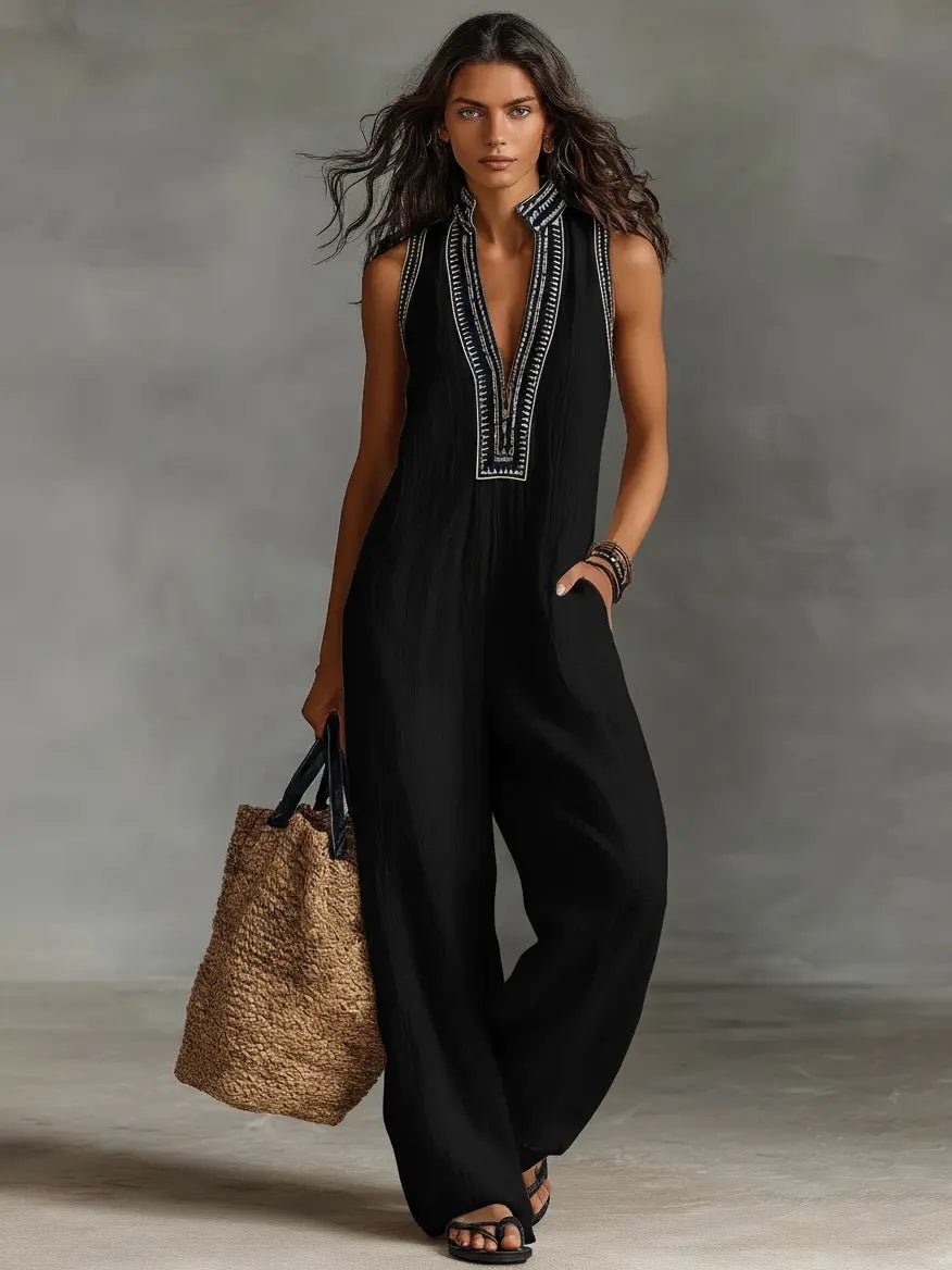 Women's sleeveless linen jumpsuit with stand collar and embroidery, floor-length relaxed fit