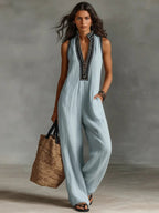 Women's sleeveless linen jumpsuit with stand collar and embroidery, floor-length relaxed fit