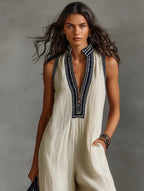 Women's sleeveless linen jumpsuit with stand collar and embroidery, floor-length relaxed fit