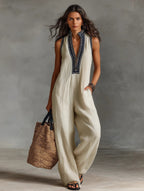 Women's sleeveless linen jumpsuit with stand collar and embroidery, floor-length relaxed fit