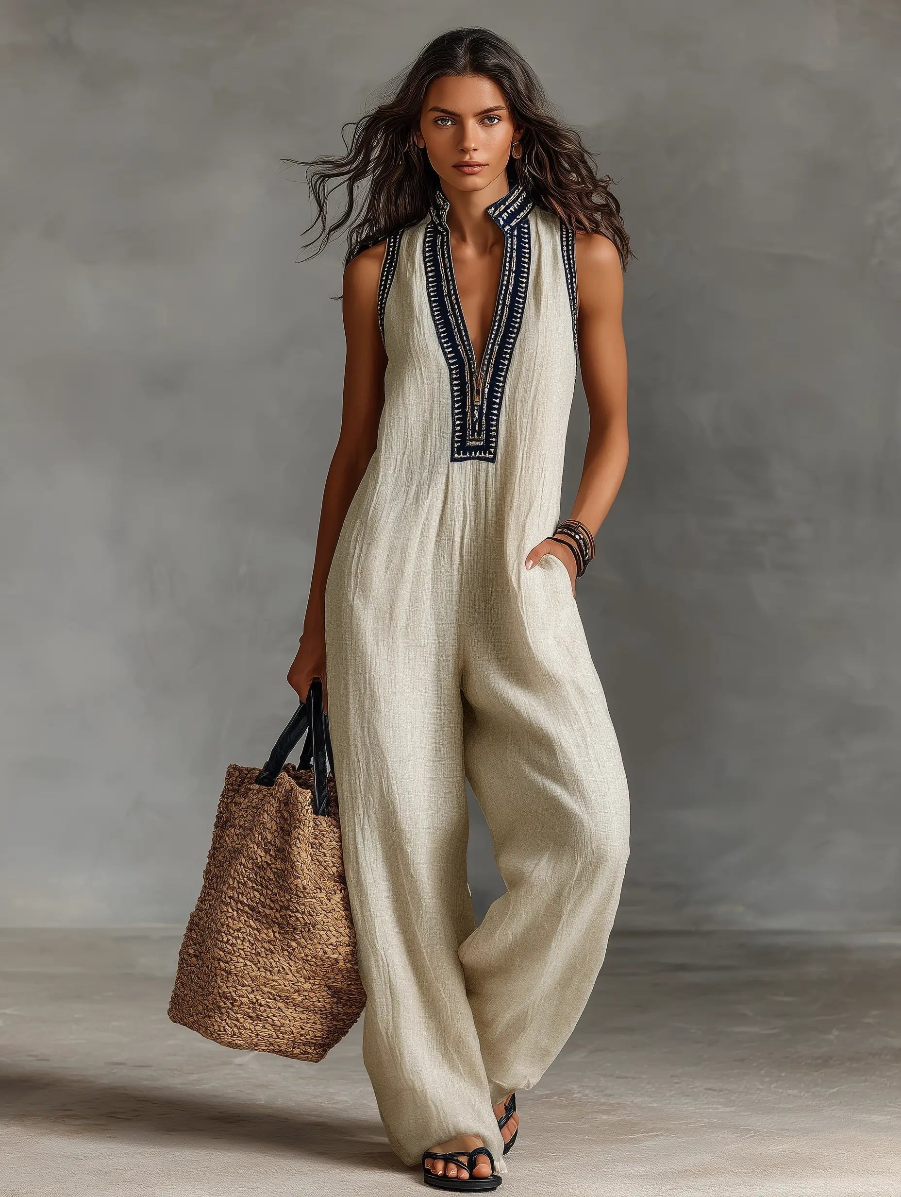 Women's sleeveless linen jumpsuit with stand collar and embroidery, floor-length relaxed fit