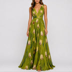 Women's floral maxi dress deep V-neck chiffon, wedding guest A-line silhouette