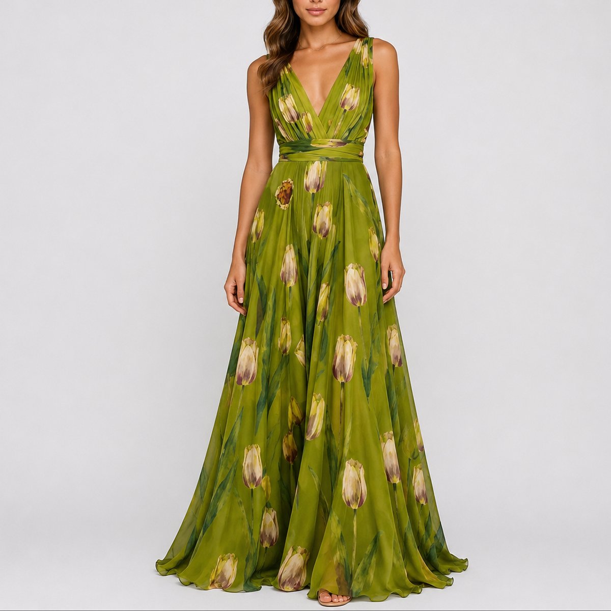 Women's floral maxi dress deep V-neck chiffon, wedding guest A-line silhouette