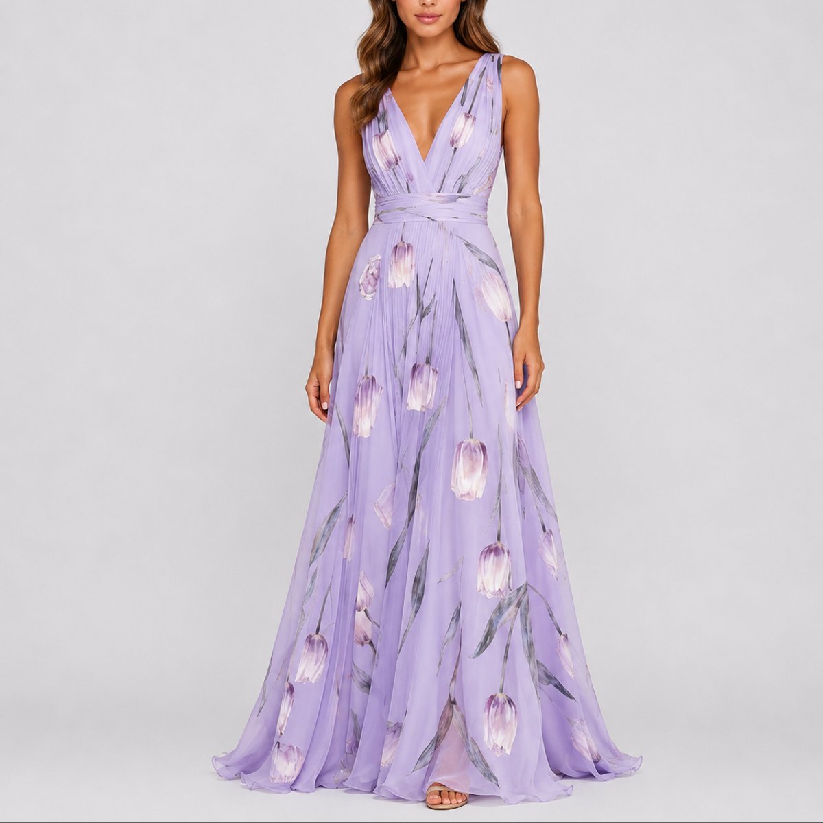Women's floral maxi dress deep V-neck chiffon, wedding guest A-line silhouette