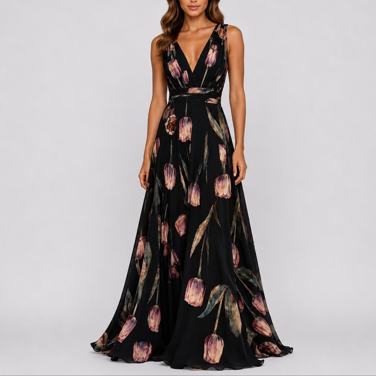 Women's floral maxi dress deep V-neck chiffon, wedding guest A-line silhouette