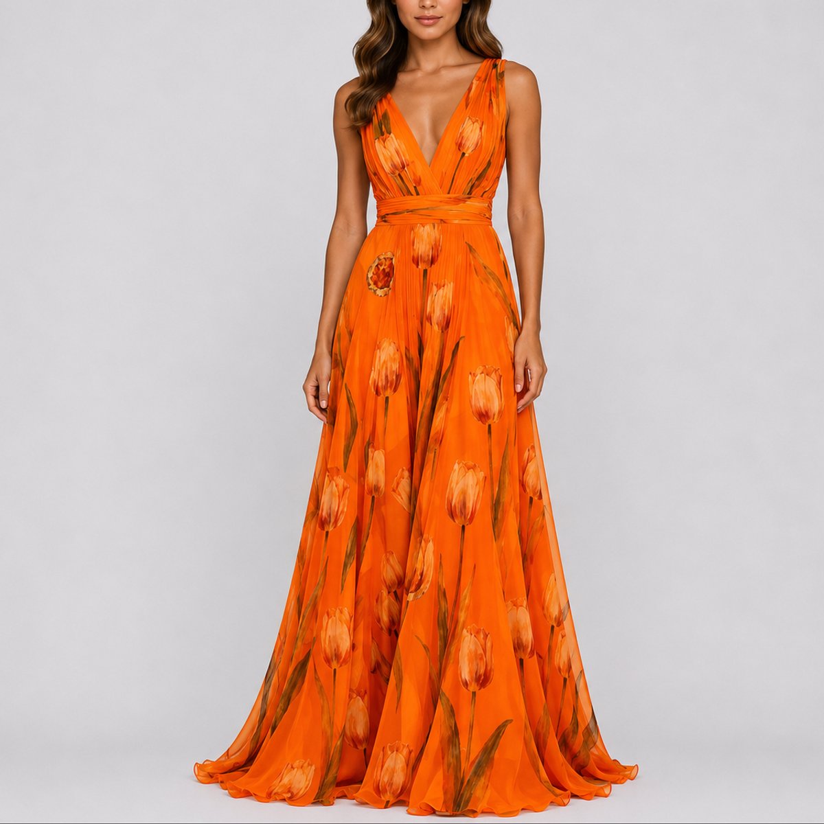 Women's floral maxi dress deep V-neck chiffon, wedding guest A-line silhouette