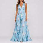 Women's floral maxi dress deep V-neck chiffon, wedding guest A-line silhouette