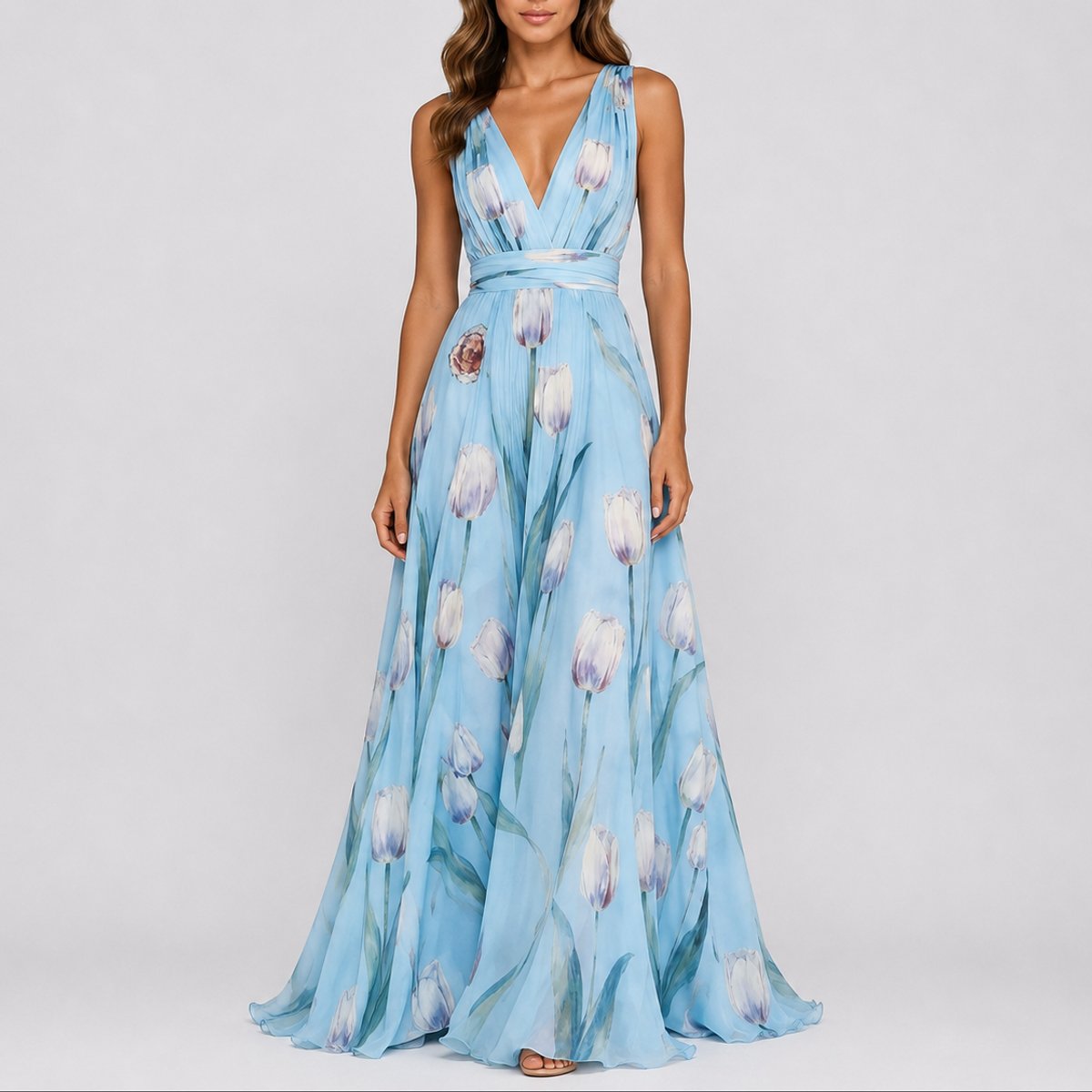Women's floral maxi dress deep V-neck chiffon, wedding guest A-line silhouette