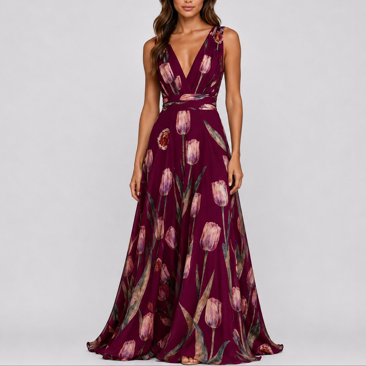 Women's floral maxi dress deep V-neck chiffon, wedding guest A-line silhouette