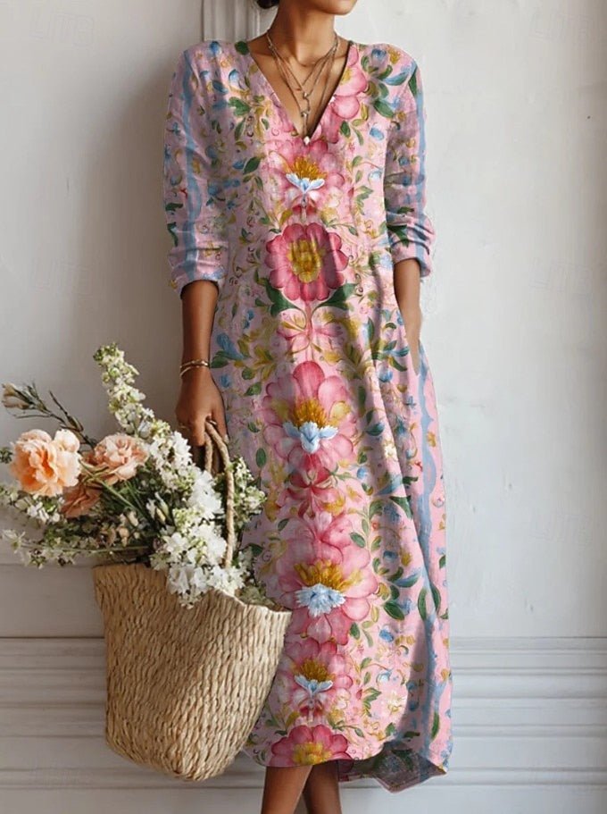 Women's floral midi dress with V-neck and 3/4 sleeves, relaxed fit with pockets