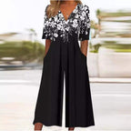 Women's boho floral jumpsuit with V-neckline and half sleeves, relaxed straight-leg fit