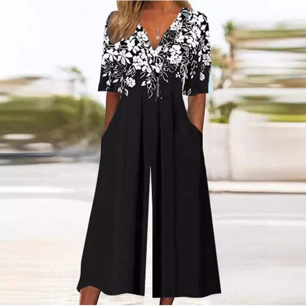 Women's boho floral jumpsuit with V-neckline and half sleeves, relaxed straight-leg fit