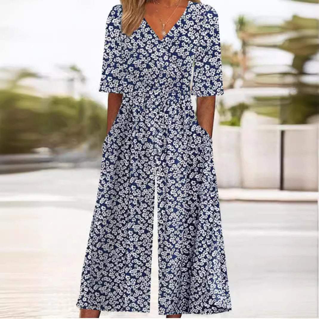 Women's boho floral jumpsuit with V-neckline and half sleeves, relaxed straight-leg fit