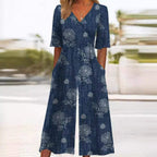 Women's boho floral jumpsuit with V-neckline and half sleeves, relaxed straight-leg fit