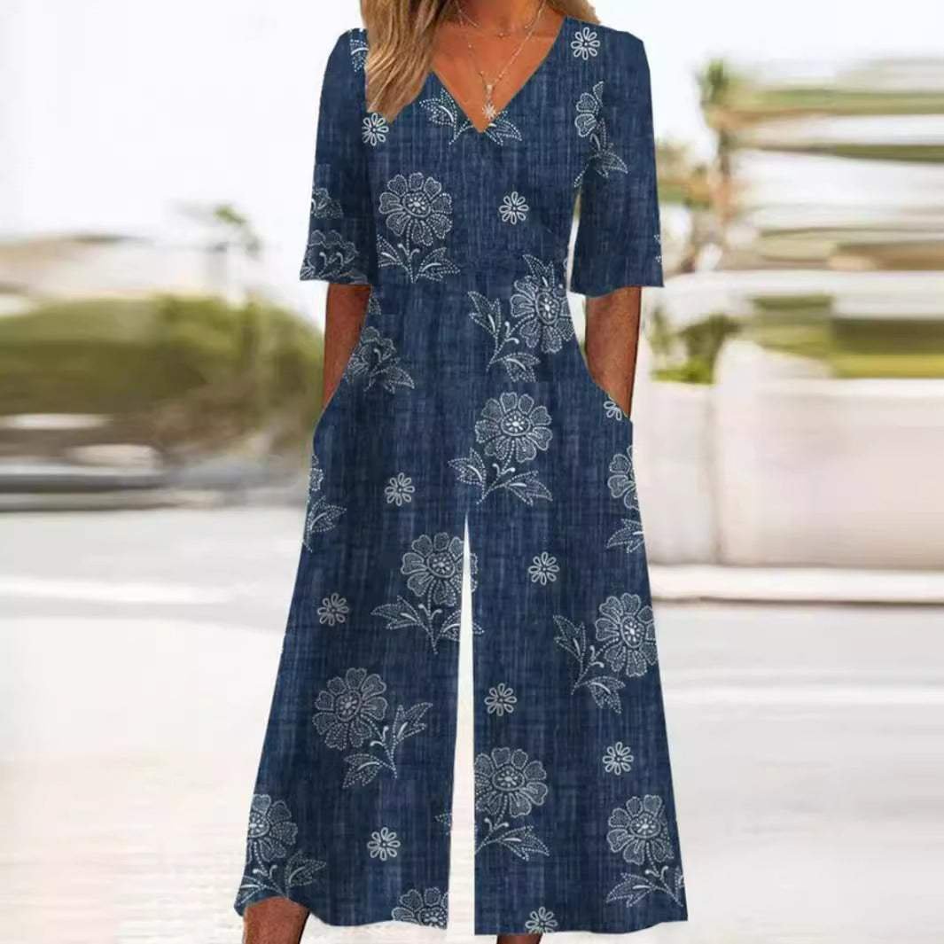 Women's boho floral jumpsuit with V-neckline and half sleeves, relaxed straight-leg fit