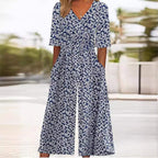 Women's boho floral jumpsuit with V-neckline and half sleeves, relaxed straight-leg fit