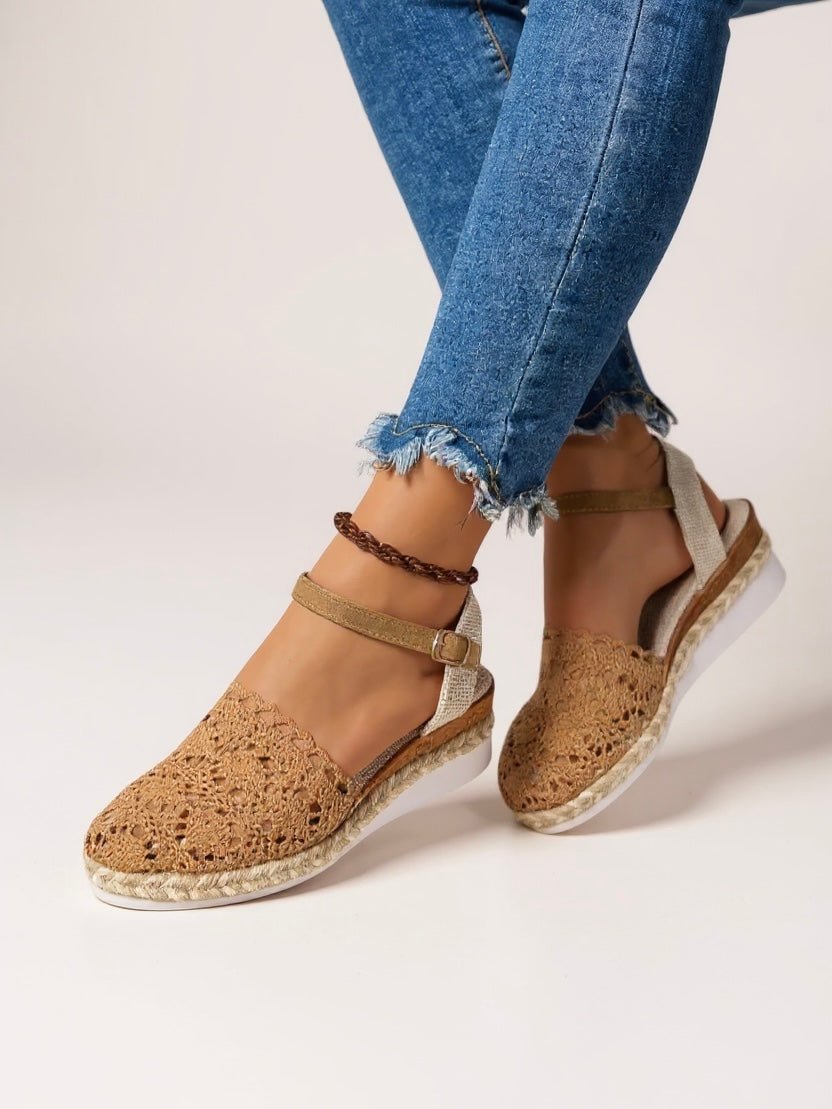 Women's boho crochet platform sandals with adjustable ankle strap buckle closure