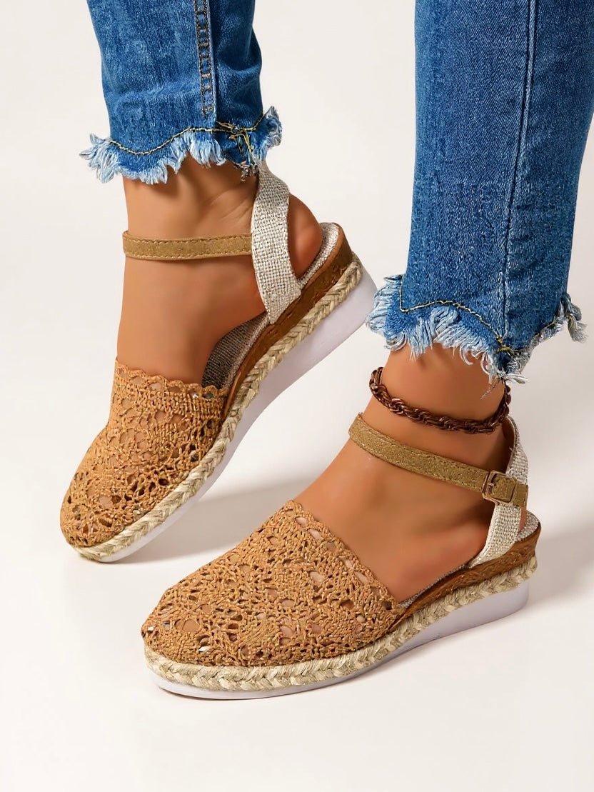 Women's boho crochet platform sandals with adjustable ankle strap buckle closure
