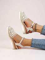 Women's boho crochet platform sandals with adjustable ankle strap buckle closure