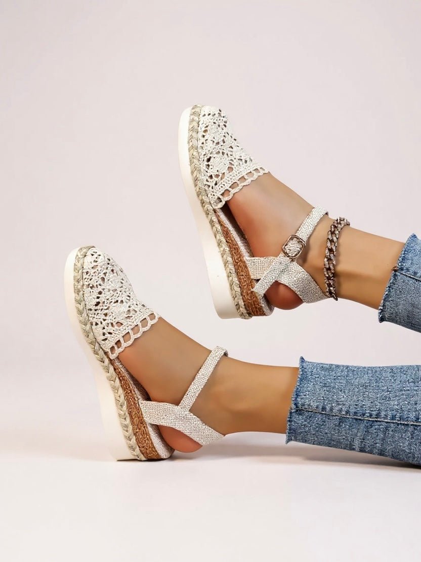 Women's boho crochet platform sandals with adjustable ankle strap buckle closure