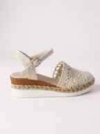 Women's boho crochet platform sandals with adjustable ankle strap buckle closure