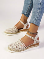 Women's boho crochet platform sandals with adjustable ankle strap buckle closure