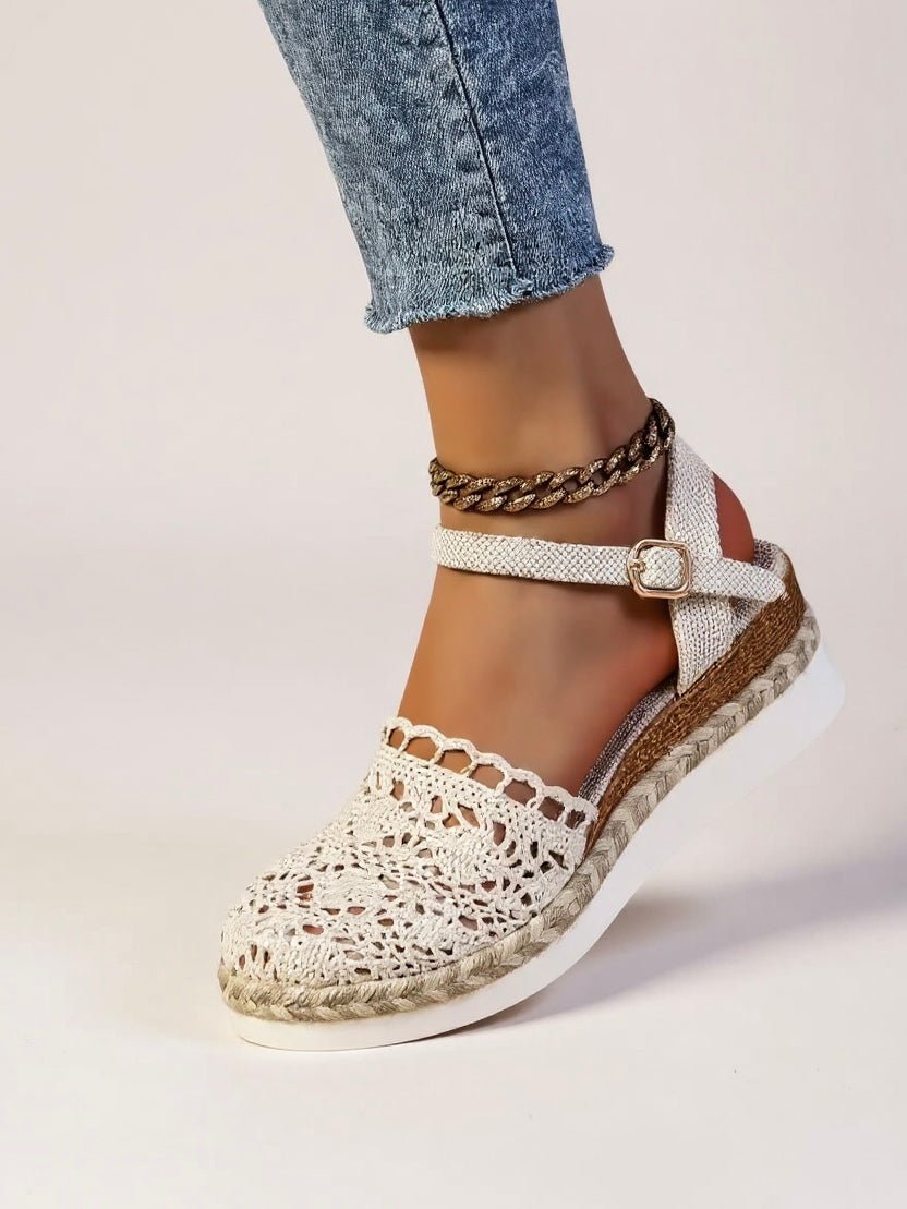Women's boho crochet platform sandals with adjustable ankle strap buckle closure