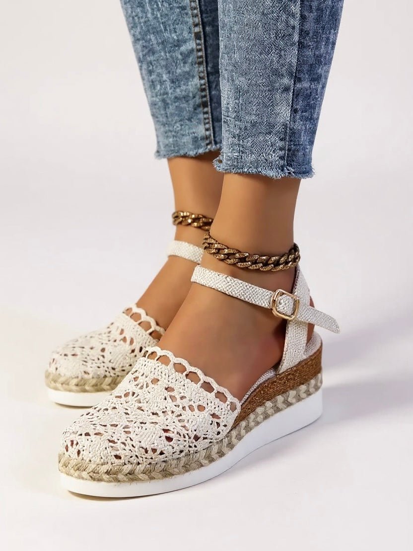 Women's boho crochet platform sandals with adjustable ankle strap buckle closure