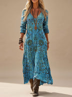 Women's boho maxi dress long sleeve V-neck vintage floral print in blue