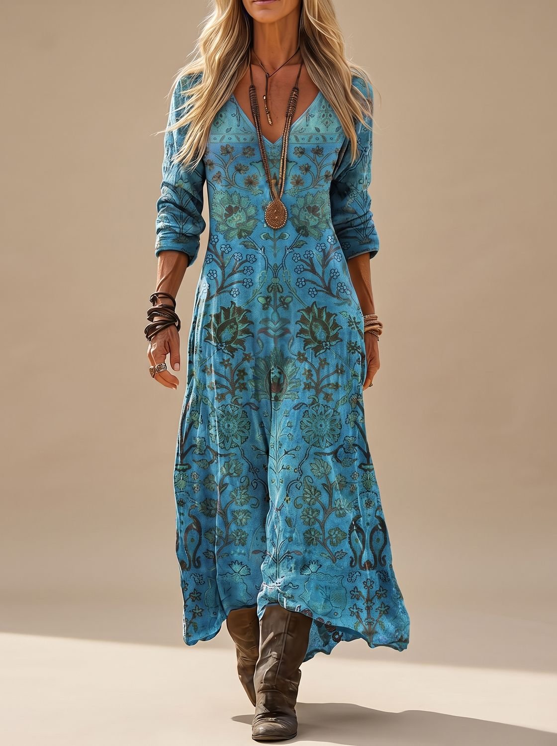 Women's boho maxi dress long sleeve V-neck vintage floral print in blue