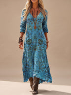 Women's boho maxi dress long sleeve V-neck vintage floral print in blue