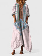 Women's boho maxi dress with paisley print and front pockets, loose cotton fit
