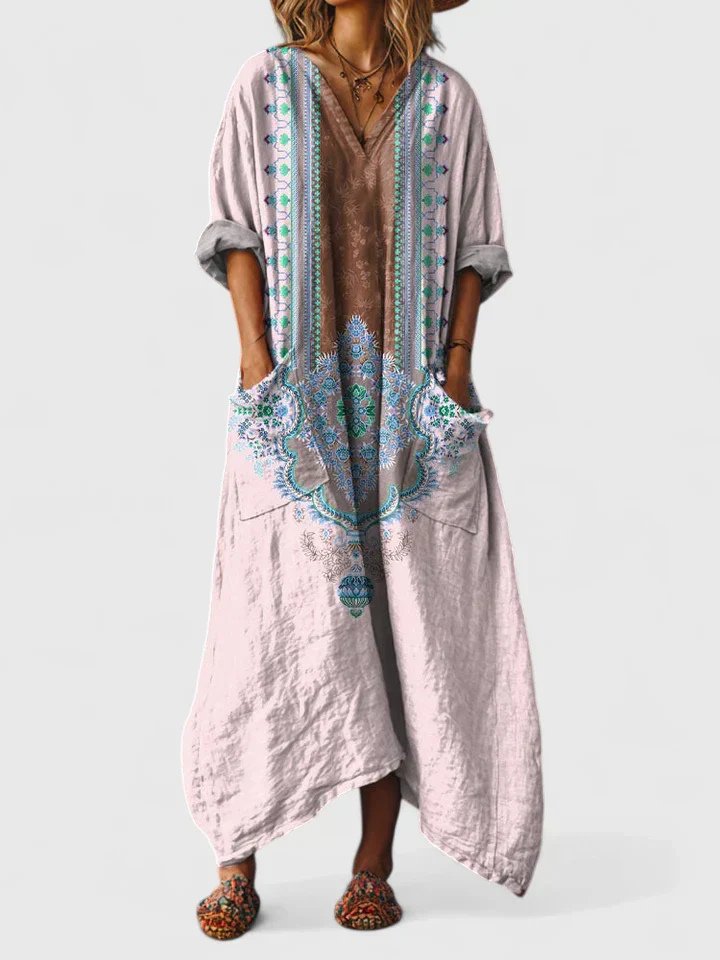 Women's boho maxi dress with paisley print and front pockets, loose cotton fit