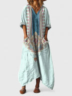 Women's boho maxi dress with paisley print and front pockets, loose cotton fit